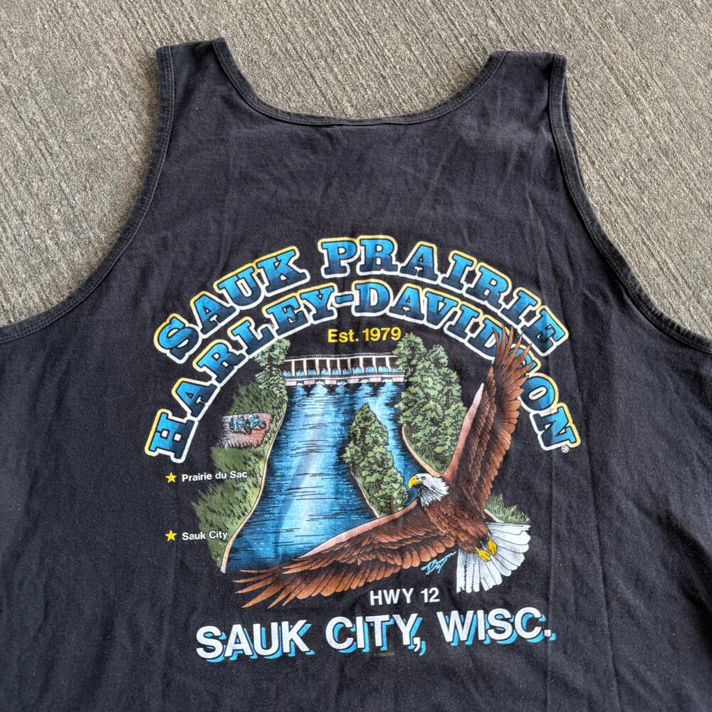 Vintage 1998 Harley Davidson Sauk Prairie Tank Top XL Black Eagle USA Shirt
